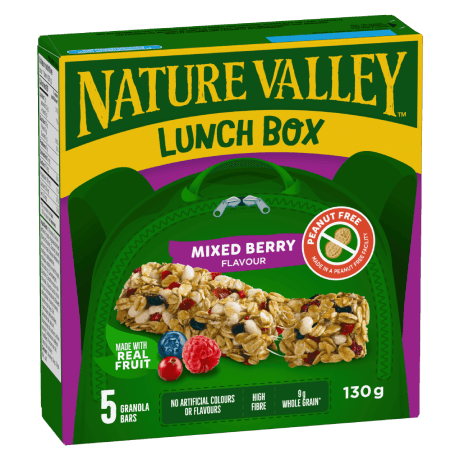 Front pack shot of Nature Valley Lunch Box Mixed Berry Bars